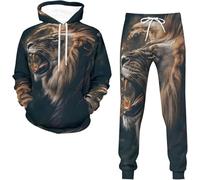 Set felpa con cappuccio da uomo con stampa 3D con leone modello casual sportivo da uomo Set da jogging, A-01, XXL