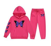 Set felpa con cappuccio e jogger da ragazza con stampa farfalla blu | L'outfit a due pezzi combina una felpa nera con cappuccio e pantaloni da jogging abbinati, con una grande grafica con