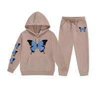 Set felpa con cappuccio e jogger da ragazza con stampa farfalla blu | L'outfit a due pezzi combina una felpa nera con cappuccio e pantaloni da jogging abbinati, con una grande grafica con