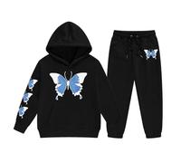 Set felpa con cappuccio e jogger da ragazza con stampa farfalla blu | L'outfit a due pezzi combina una felpa nera con cappuccio e pantaloni da jogging abbinati, con una grande grafica con