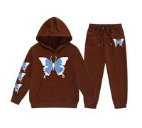Set felpa con cappuccio e jogger da ragazza con stampa farfalla blu | L'outfit a due pezzi combina una felpa nera con cappuccio e pantaloni da jogging abbinati, con una grande grafica con