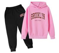 Set Felpa con Cappuccio e Pantaloni da Bambina, 2 Pezzi, Brooklyn New York, con Cappuccio, per Uscire, Autunno, Tute da Bambina per l'Inverno, Autunno, Attività, con Grafica, Comodo, rosa, 4-5 Years