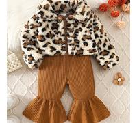 Set Felpa e Tuta con Stampa Leopardata Retro, Spessa, con Peter Pan e Pantaloni a Campana, Reversibile, in Pile, e , per Esterni