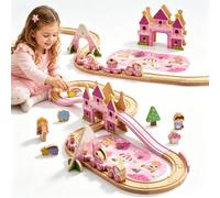 Set ferroviario in legno rosa con principesse, principi e pony, 41 pezzi | connessione magnetica, con ponte e binari, bambole in legno incluse, giocattolo per bambine, treno con vagoni