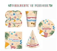 Set Festa Coordinato Pensione Pensionamento, Kit Tavola per 6 o 12 Persone, Piatti 18 cm, Bicchieri 250 cc, Tovaglioli 33x33 cm, Cappellini, Palloncino 45 cm, Festone 6 mt
