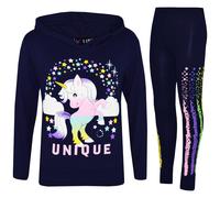 Set Floss Con Top E Leggings Con Cappuccio Unico Per Bambine Con Unicorno Navy