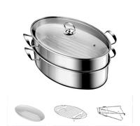Set for cottura a vapore ovale in acciaio inox 304 for pesce, pentole con griglia, padella in ceramica, clip antiscottatura, pentola con coperchio in vetro ventilato(Silver)