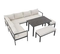 Set For Il Tempo Libero Da Giardino For 9 Persone, Mobili Da Pranzo Da Giardino, Set Di Mobili Bianchi, Include 1 Divano A L, 2 Panche A Due Posti, 1 Panca A Un Posto, 1 Tavolo, Include Cuscini