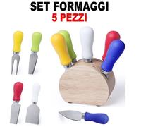 SET FORMAGGI DA 5 PEZZI COLTELLI LAMA ACCIAIO INOX INOSSIDABILE BASE IN LEGNO