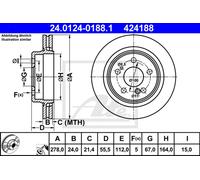ATE disco freno 24.0124-0188.1 ventilato diametro 278 spessore 24 mm 5 fori