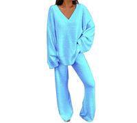 Set fuzzy da donna Completi da 2 pezzi Top a maniche lunghe Pantaloni a gamba larga Set igiama lungo donna cotone (Blue, L)