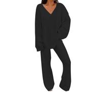 Set Fuzzy da Donna Completi da 2 Pezzi Top a Maniche Lunghe Pantaloni a Gamba Larga Set igiama Lungo Donna Cotone (Black, M)
