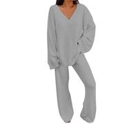 Set Fuzzy da Donna Completi da 2 Pezzi Top a Maniche Lunghe Pantaloni a Gamba Larga Set igiama Lungo Donna Cotone (Grey, M)