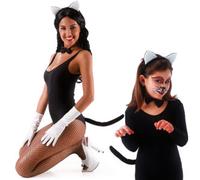 Carnival Toys Set travestimento da gattina composto da cerchietto, coda e papillon in tessuto nero. Il cerchietto ha due piccole orecchie triangolari, la coda ha un comodo elastico per indossarla alla cintura, mentre il papillon ha un morbido elastico regolabile.