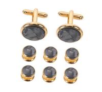 Set Gemelli da Uomo Rotondi Nero Conchiglia e Rame | Set Coordinato da Sei Pezzi, Finitura Lucida, Fermo Robusto, per Camicia Formale e Collo Francese