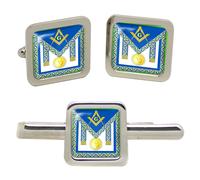 Set Gemelli Masonic Simbolo Grembiule Quadrato + Gemelli Smalto e Fermacravatta