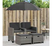 Set Giardino Esterno 2 Posti con Ombrellone, Divano da Esterno in Polyrattan Grigio, Salotto da Giardino con Pouf, Design Moderno e Cuscini Rimovibili, per Terrazzo e Giardino,Grigio, 120x61x80 cm