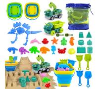 Set Giochi Spiaggia Bimbi, 38 pz, Dinosauri 1-8 Anni | Set da viaggio spiaggia (4-8 anni) con secchiello pieghevole, rete, paletta, stampi castello, animali, set costruzioni