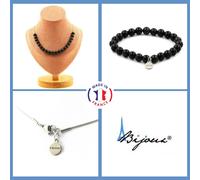 Set Gioielli Bracciale Collana 20 Perle Obsidiana Nera 8 Mm. Catena Taglia P