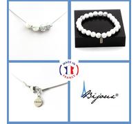 Set Gioielli Bracciale Collana 4 Perle Howlite 8 Mm. Catena In Acciaio Taglia Pe