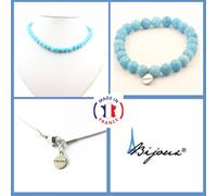 Set Gioielli Bracciale Collana Perle Calcedonio Blu 8 Mm. Catena In Taglia Pe