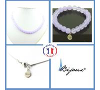 Set Gioielli Bracciale Collana Perle Calcedonio Lavanda 8 Mm. Catena Taglia Pe