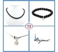 Parure Gioielli Braccialetto Collana Perle Ossidiana Nera 8 Mm. Catena IN Misura