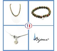 Set Gioielli Bracciale Collana Perle Unakite 8 Mm. Catena In Acciaio Taglia Pers