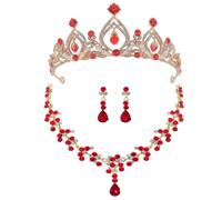 Set Gioielli Corona Ragazzo Ragazza 1 Pezzo Lega di Zinco | Diadema, Orecchini a Clip e Collana Strass Rossi, per Festa, Foto e Travestimento