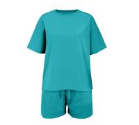 Set girocollo semplice e alla moda stampato alla moda con scollo rotondo ampio set sportivo a maniche corte e pantaloncini, due pezzi vestiti neonati, Celeste., 5-6 Jahre
