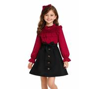 Set gonna e top per ragazze: top a maniche lunghe con volant rosso a pois svizzeri e gonna nera, abito da festa perfetto per ragazze dai 7 ai 12 anni, vestiti e abiti ideali per bambini, Rosso, 11-12