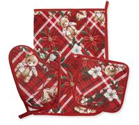 Set Guantone Presina e Strofinaccio Natalizi da Cucina 3 pezzi in 100% Cotone - Fantasie con Babbo Natale e Renne - Accessori da Forno Idee Regalo Natale