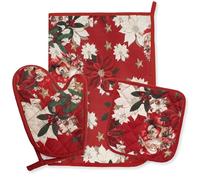 Set Guantone Presina e Strofinaccio Natalizi da Cucina 3 pezzi in 100% Cotone - Fantasie con Babbo Natale e Renne - Accessori da Forno Idee Regalo Natale