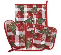 Set Guantone Presina e Strofinaccio Natalizi da Cucina 3 pezzi in 100% Cotone - Fantasie con Babbo Natale e Renne - Accessori da Forno Idee Regalo Natale