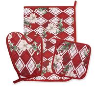 Set Guantone Presina e Strofinaccio Natalizi da Cucina 3 pezzi in 100% Cotone - Fantasie con Babbo Natale e Renne - Accessori da Forno Idee Regalo Natale