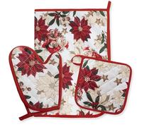 Set Guantone Presina e Strofinaccio Natalizi da Cucina 3 pezzi in 100% Cotone - Fantasie con Babbo Natale e Renne - Accessori da Forno Idee Regalo Natale