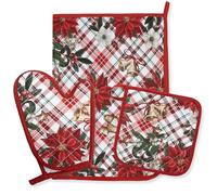Set Guantone Presina e Strofinaccio Natalizi da Cucina 3 pezzi in 100% Cotone - Fantasie con Babbo Natale e Renne - Accessori da Forno Idee Regalo Natale