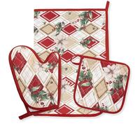 Set Guantone Presina e Strofinaccio Natalizi da Cucina 3 pezzi in 100% Cotone - Fantasie con Babbo Natale e Renne - Accessori da Forno Idee Regalo Natale
