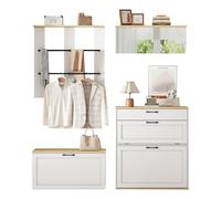 Set guardaroba con specchio e scarpiera, 156 cm, bianco + legno, modulo | Armadio con cassetto, ante a battente e asta appendiabiti, per corridoio, ingresso, ingresso, ingresso, 156 cm