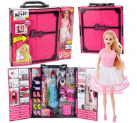 Set guardaroba rosa per bambola, vestiti, scarpe e accessori.