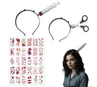 Set Halloween 2 Cerchietti Terrore (Forbici e Siringa) + 30 Tatuaggi Cicatrici, Accessori Costume Zombie Horror per Adulti e Bambini, Travestimento Spaventoso per Carnevale e Cosplay