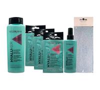 SET HYALUKER Ad Azione Idratante e Rinforzante. Con Acido Ialuronico e Cheratina Vegetale: Shampoo 400ml + 3x Maschera Monodose 25ml + Siero Termoprotettore 125ml + Fascia Per Capelli