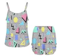 Set iama da Donna con Triangolo Geometrico retrò Anni '80 e '90, Due Pezzi, Top Corti da casa, Pantaloni Morbidi del iama e Pantaloncini da Viaggio.