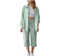Set in mussola da donna, 2 pezzi, in imitazione di cotone e lino, per l'estate, l'autunno, elegante, a maniche lunghe e pantaloni caprini, per il tempo libero, la spiaggia, le vacanze, il loungewear