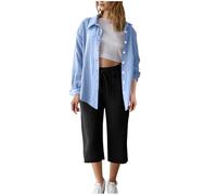 Set in mussola da donna, 2 pezzi, in imitazione di cotone e lino, per l'estate, l'autunno, elegante, a maniche lunghe e pantaloni caprini, per il tempo libero, la spiaggia, le vacanze, il loungewear