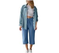 Set in mussola da donna, 2 pezzi, in imitazione di cotone e lino, per l'estate, l'autunno, elegante, a maniche lunghe e pantaloni caprini, per il tempo libero, la spiaggia, le vacanze, il loungewear