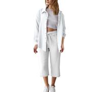 Set in mussola da donna, 2 pezzi, in imitazione di cotone e lino, per l'estate, l'autunno, elegante, a maniche lunghe e pantaloni caprini, per il tempo libero, la spiaggia, le vacanze, il loungewear