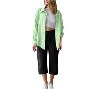 Set in mussola da donna, 2 pezzi, in imitazione di cotone e lino, per l'estate, l'autunno, elegante, a maniche lunghe e pantaloni caprini, per il tempo libero, la spiaggia, le vacanze, il loungewear