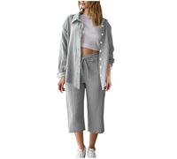 Set in mussola da donna, 2 pezzi, in imitazione di cotone e lino, per l'estate, l'autunno, elegante, a maniche lunghe e pantaloni caprini, per il tempo libero, la spiaggia, le vacanze, il loungewear
