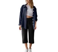 Set in mussola da donna, 2 pezzi, in imitazione di cotone e lino, per l'estate, l'autunno, elegante, a maniche lunghe e pantaloni caprini, per il tempo libero, la spiaggia, le vacanze, il loungewear